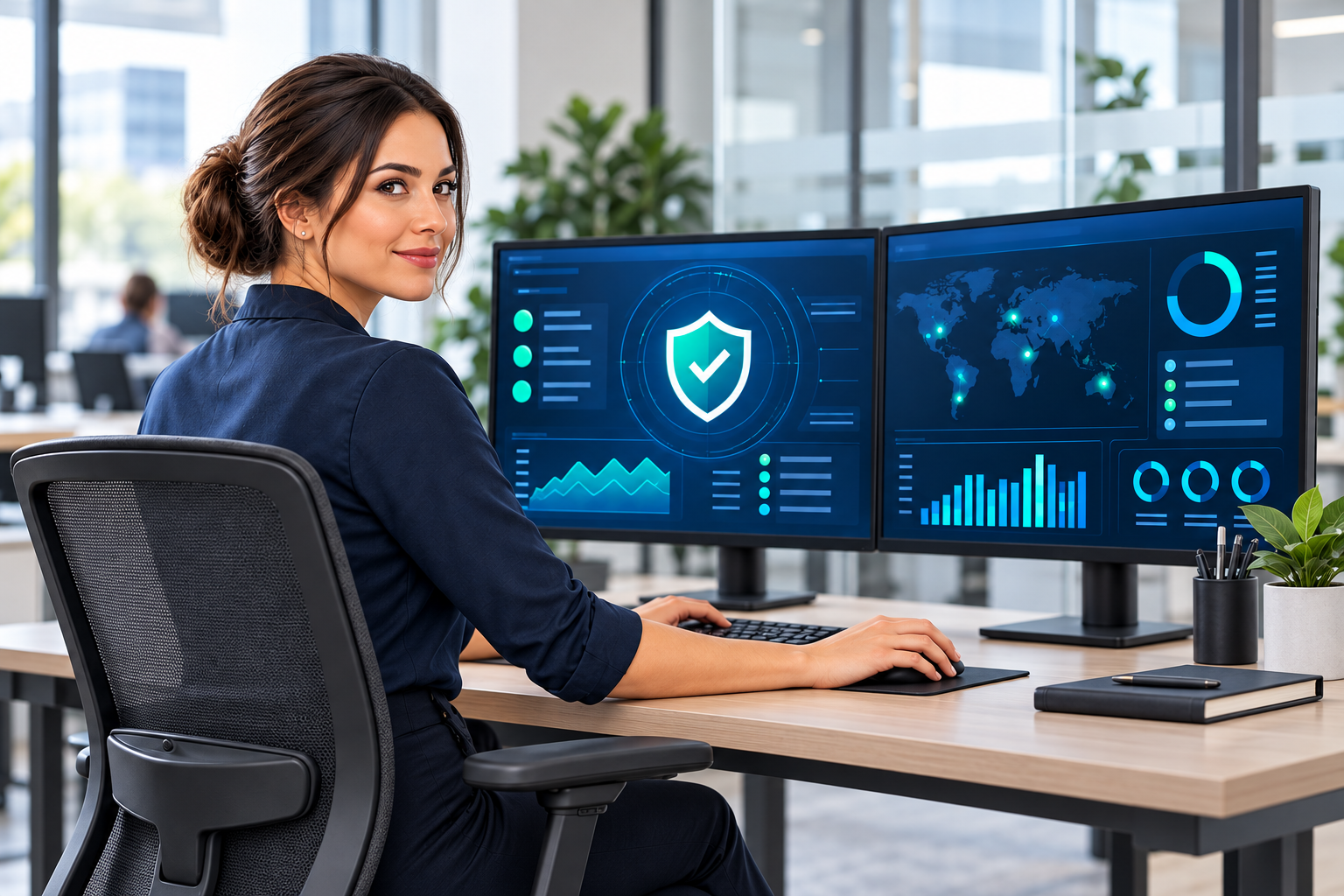 Scène illustrative d'une analyste devant ses écrans de surveillance de cybersécurité